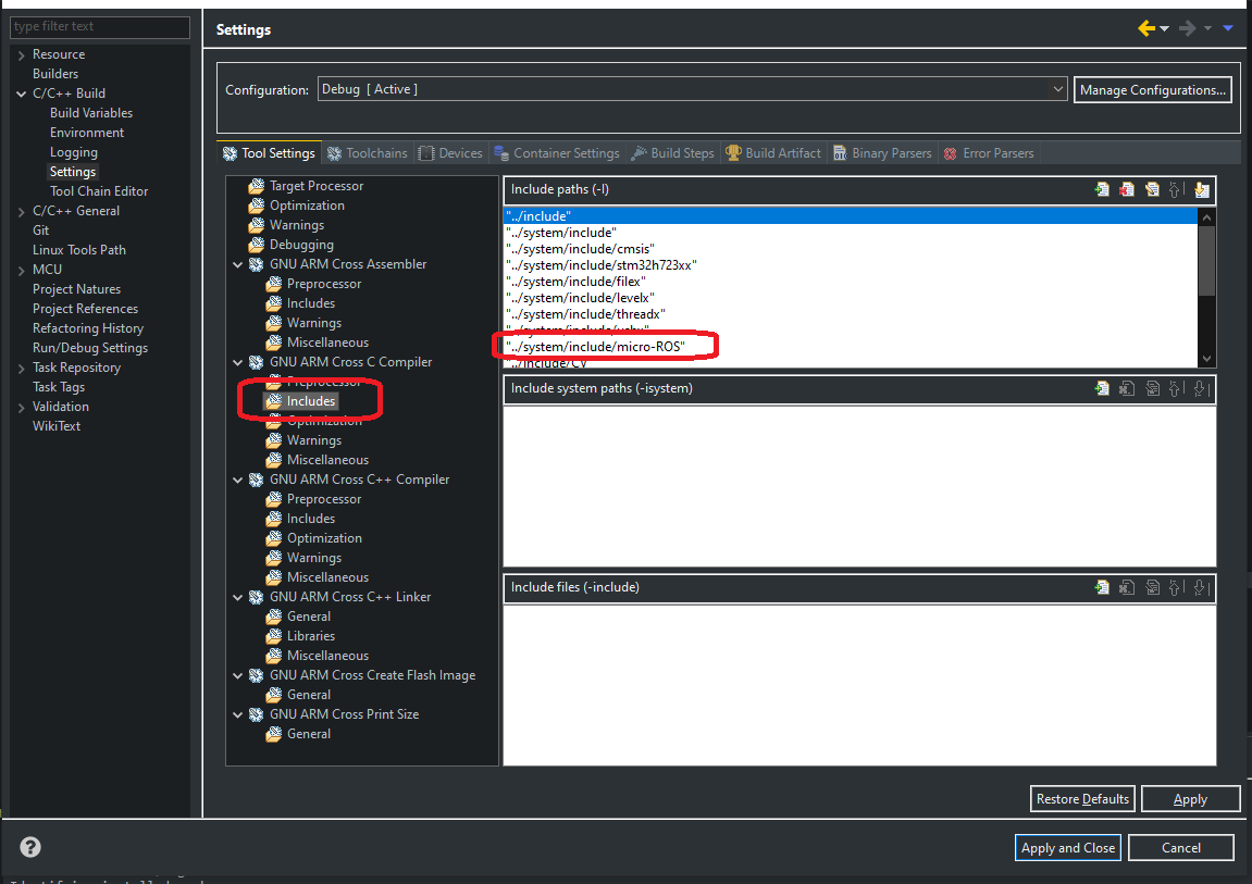 Eclipse Project Include Settings Micro-ROS