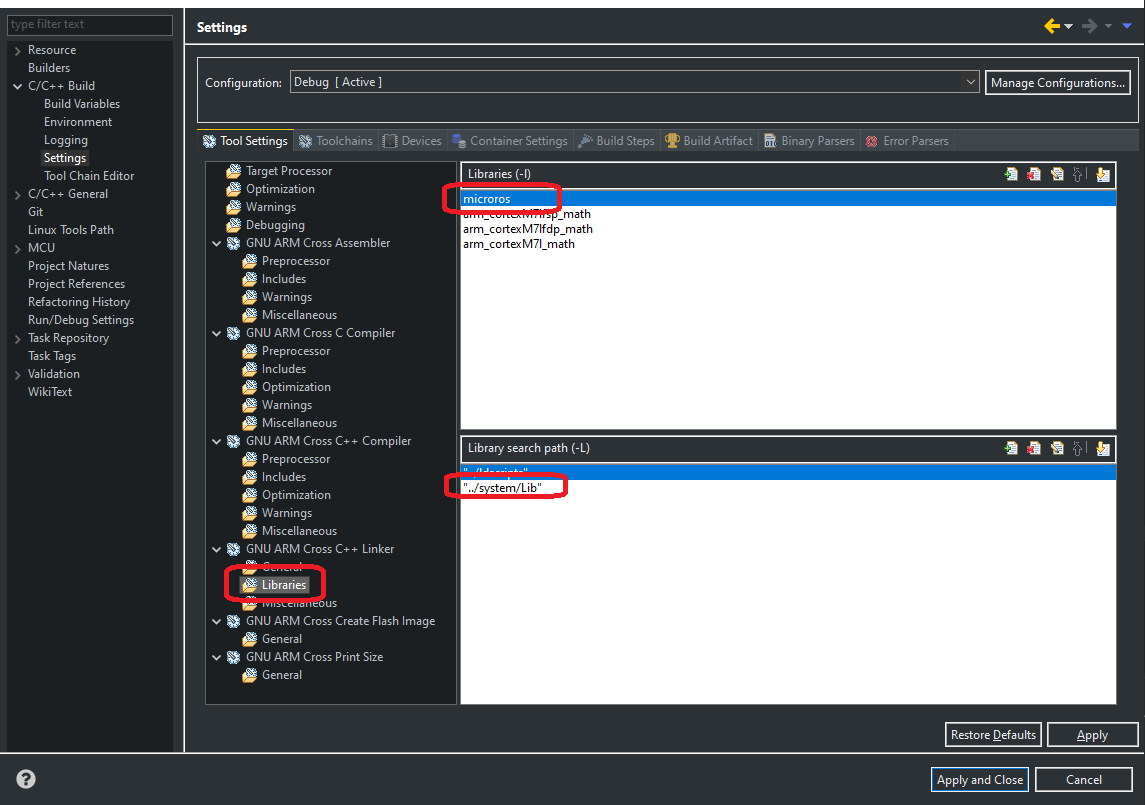 Eclipse Project Library Settings Micro-ROS